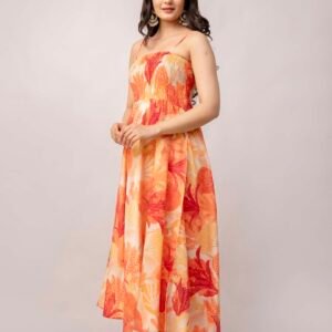 Women's Silk Printed Shoulder Straps Sleeveless Anarkali Gown Drees (Orange Leaf)