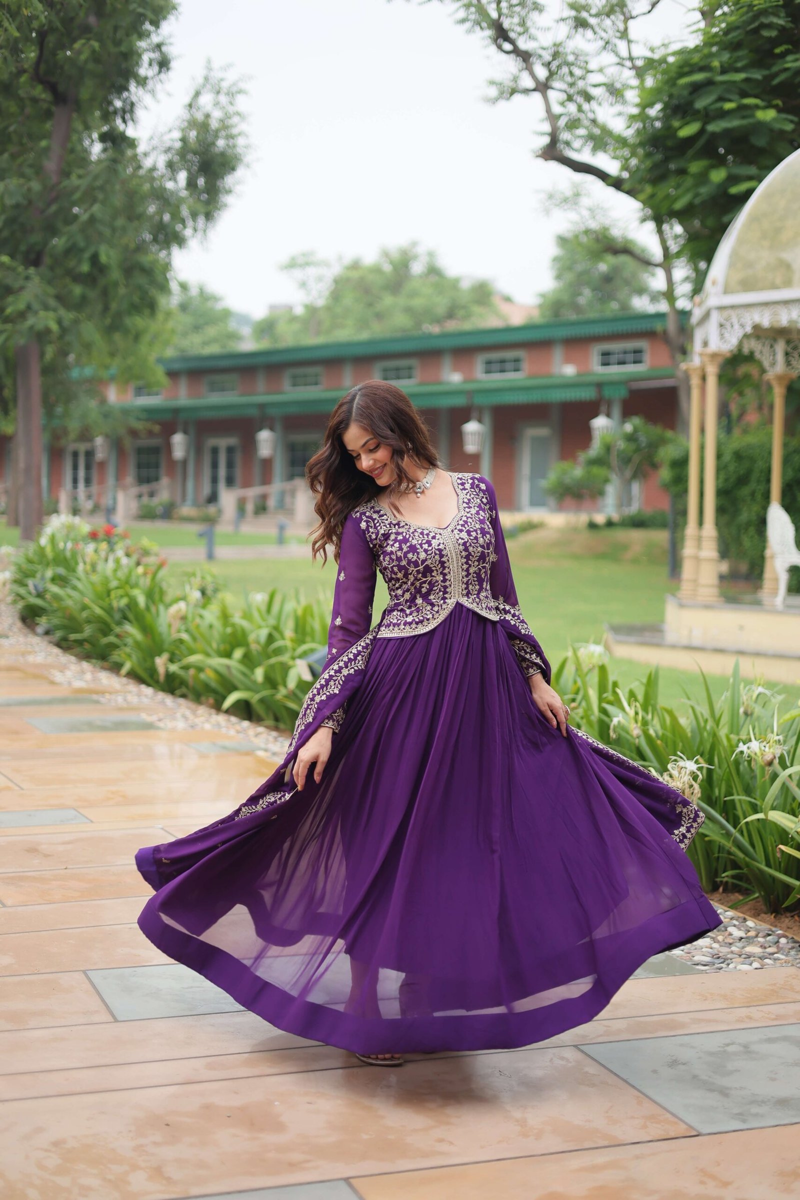 Purple Faux Blooming Sequins & Zari Embroidered Gown with Matching Dupatta - Image 3