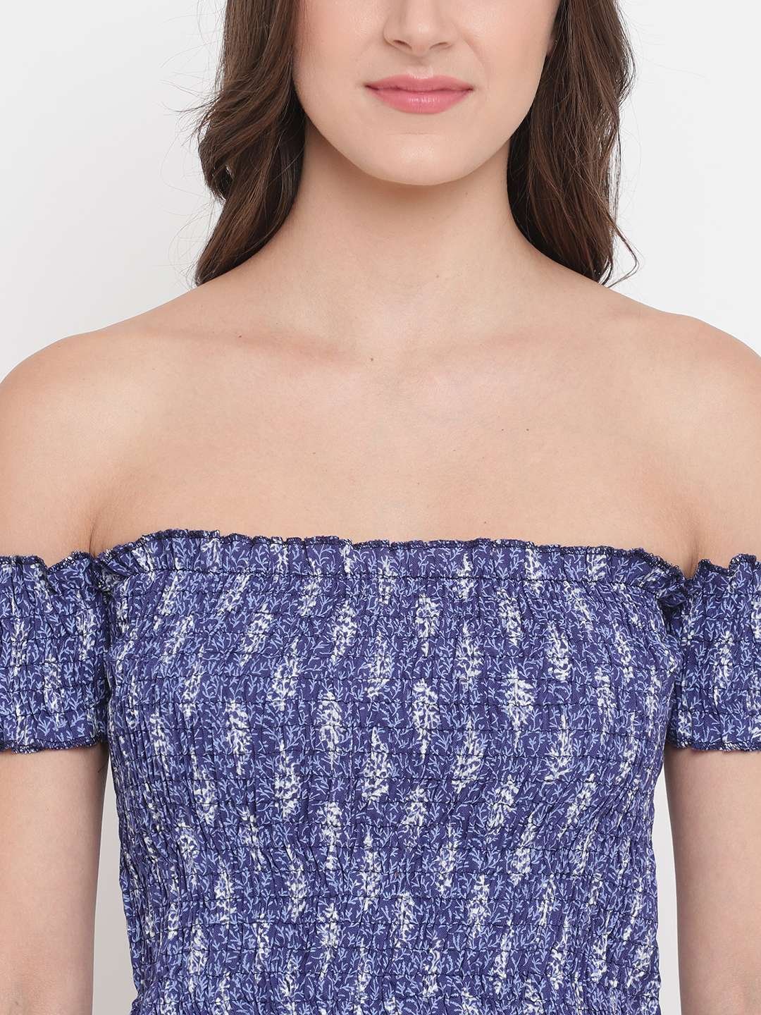 Women's Rayon Printed Off-Shoulder Smocked Crop Top Short Sleeve Casual Styles Tank Top (FREE SIZE) Multi44 - Image 3