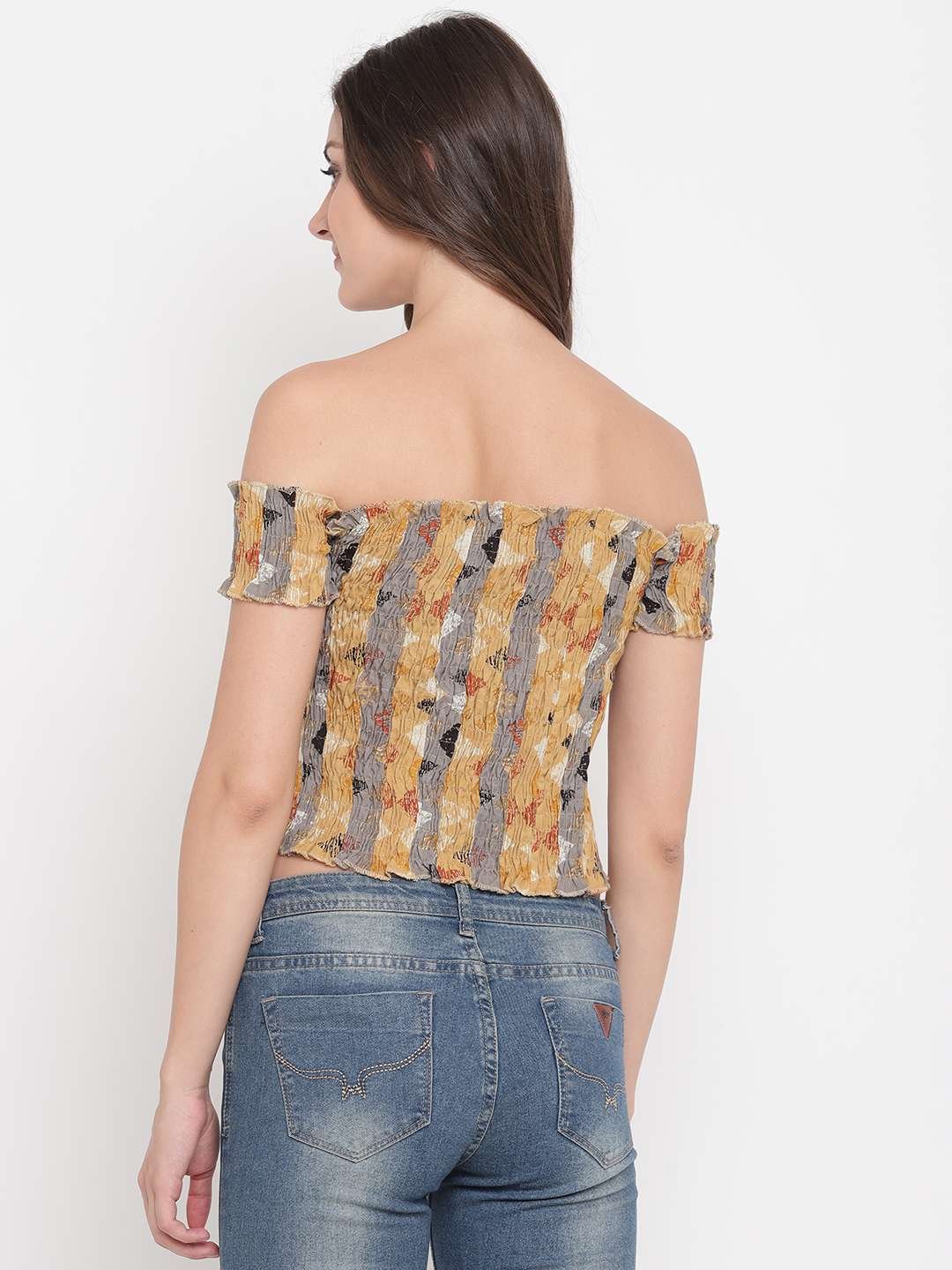 Women's Rayon Printed Off-Shoulder Smocked Crop Top Short Sleeve Casual Styles Tank Top (FREE SIZE) Multi40 - Image 2