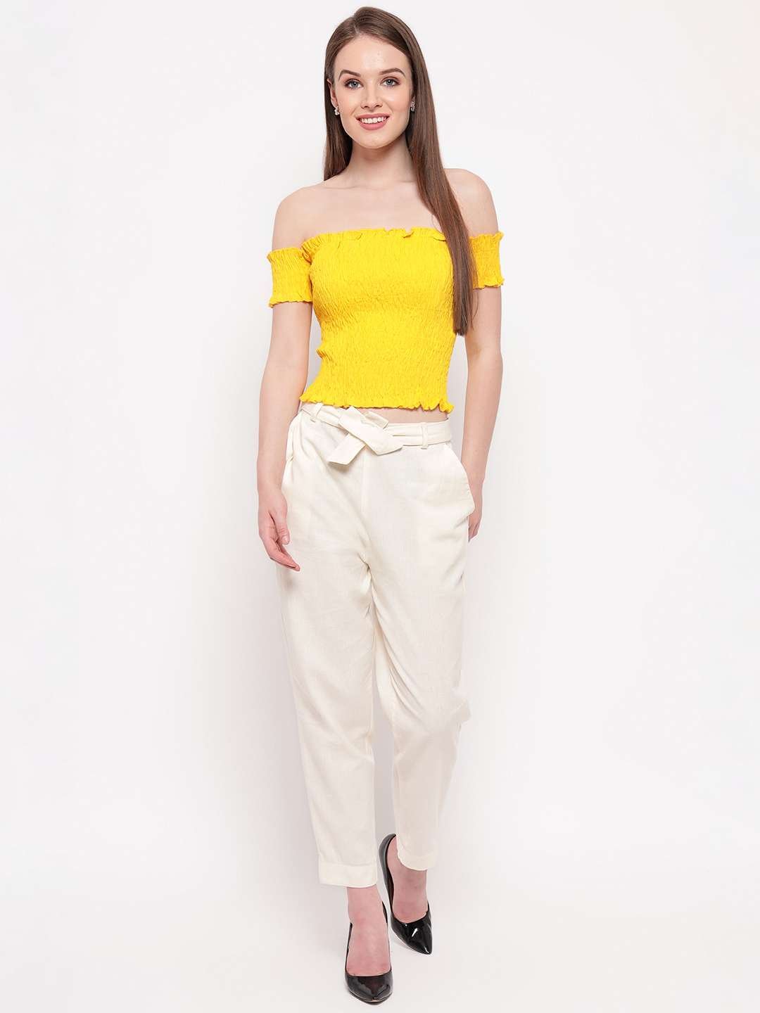 Women's Rayon Solid Off-Shoulder Smocked Crop Top Short Sleeve Casual Styles Tank Top (FREE SIZE) Multi31 - Image 4