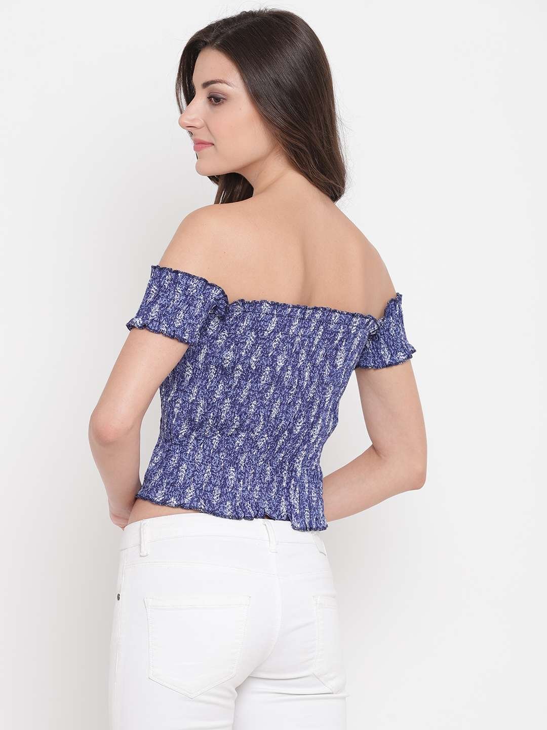 Women's Rayon Printed Off-Shoulder Smocked Crop Top Short Sleeve Casual Styles Tank Top (FREE SIZE) Multi44 - Image 4